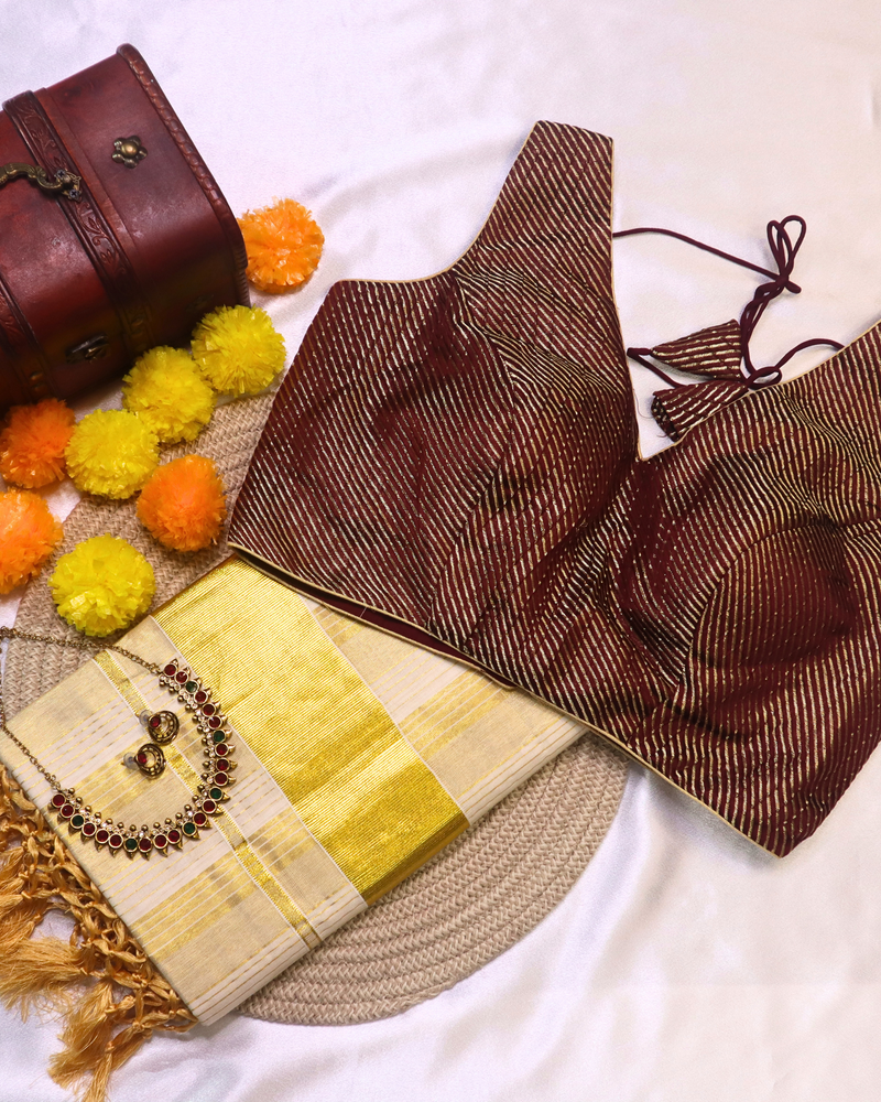 Set Saree - Gold Stripes with Thick Gold Border and Yellow Tussels