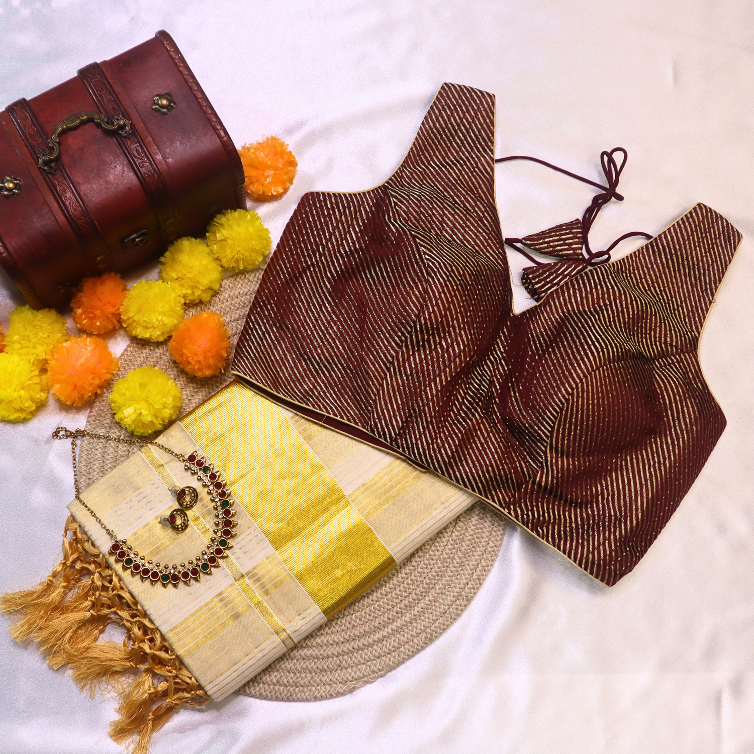 Set Saree - Gold Stripes with Thick Gold Border and Yellow Tussels