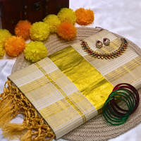 Set Saree - Gold Stripes with Thick Gold Border and Yellow Tussels