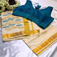 Set Saree  - Gold and Green Leaf Embroidery