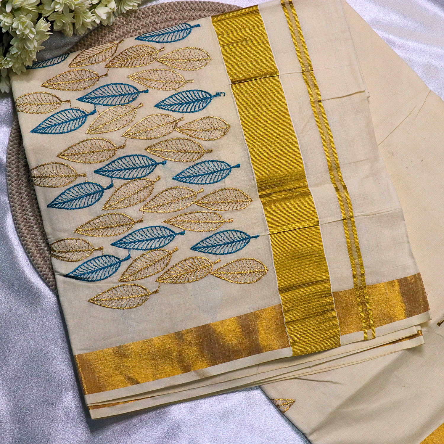 Set Saree  - Gold and Green Leaf Embroidery