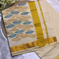 Set Saree  - Gold and Green Leaf Embroidery