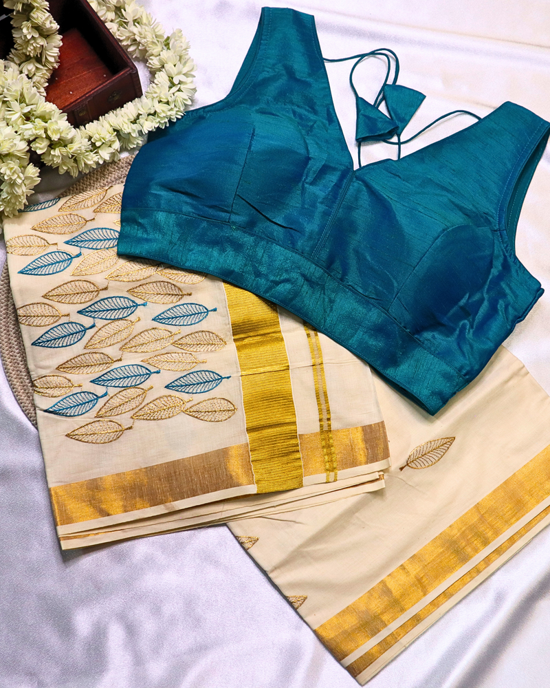 Set Saree  - Gold and Green Leaf Embroidery