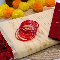 Set Saree - Gold lines with Red Tussels