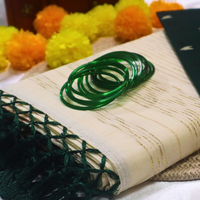 Set Saree - Gold lines with Bottle Green Tussels