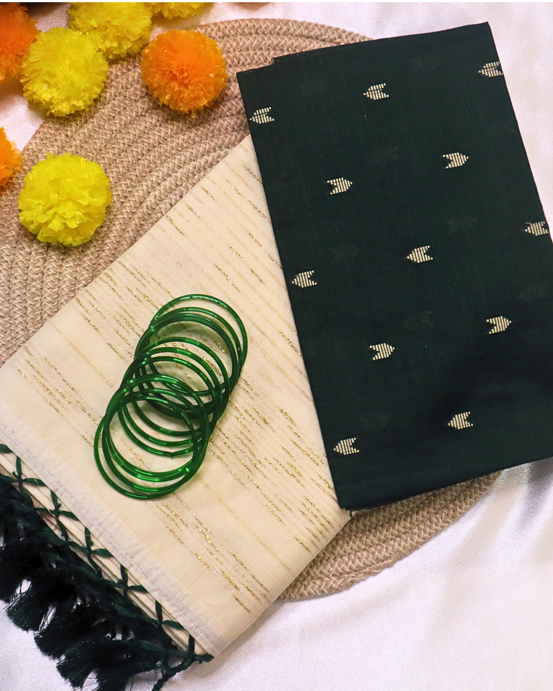 Set Saree - Gold lines with Bottle Green Tussels