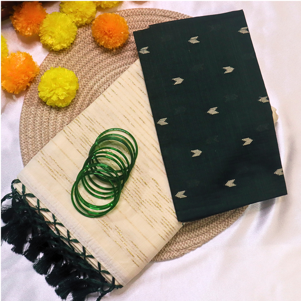 Set Saree - Gold lines with Bottle Green Tussels