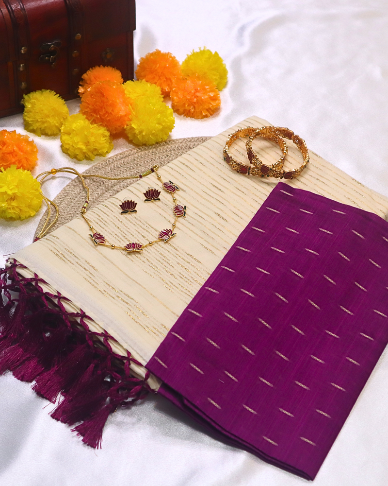 Set Saree - Gold lines with Purple Tussels with Blouse Piece