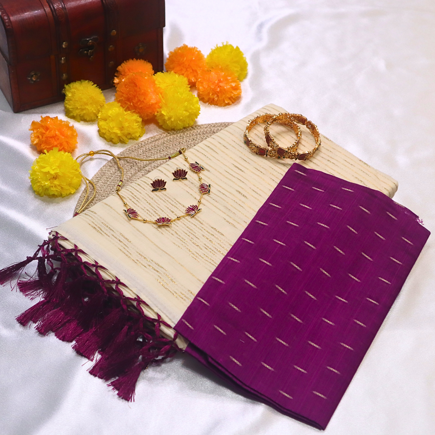 Set Saree - Gold lines with Purple Tussels with Blouse Piece