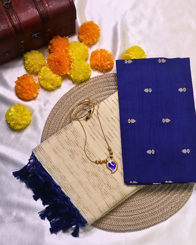 Set Saree - Gold lines with Light Blue Tussels with Blouse Piece