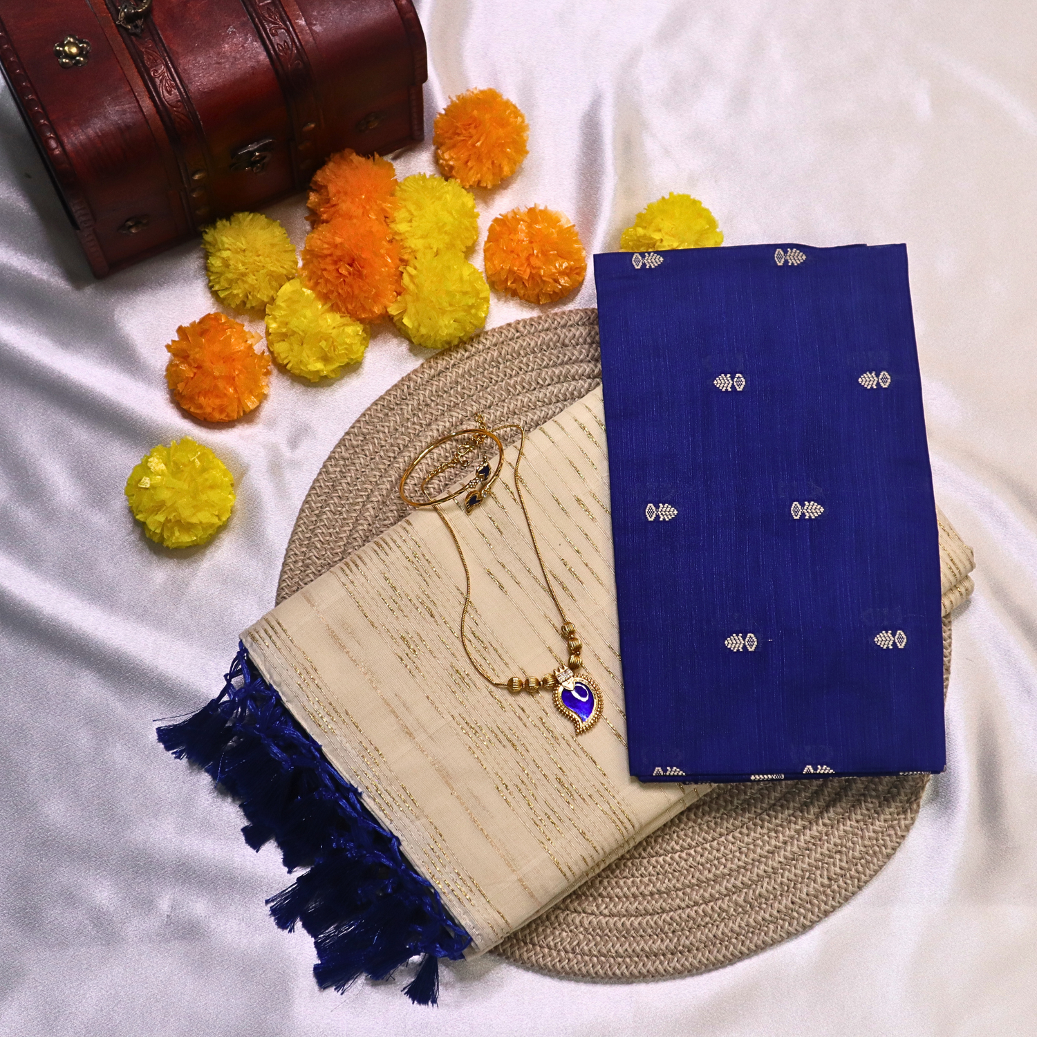 Set Saree - Gold lines with Light Blue Tussels with Blouse Piece