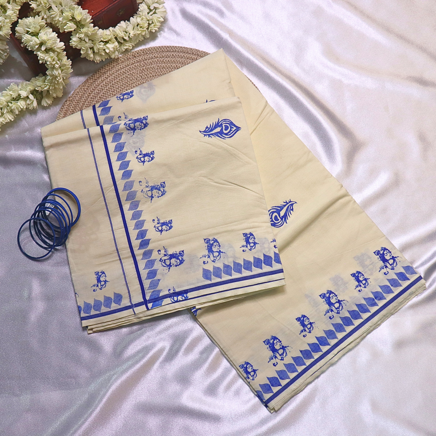 Set Saree - Krishna Digital Print with Blue Border