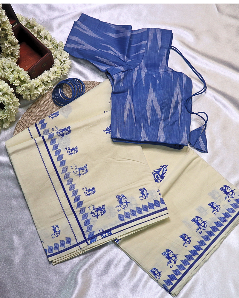 Set Saree - Krishna Digital Print with Blue Border