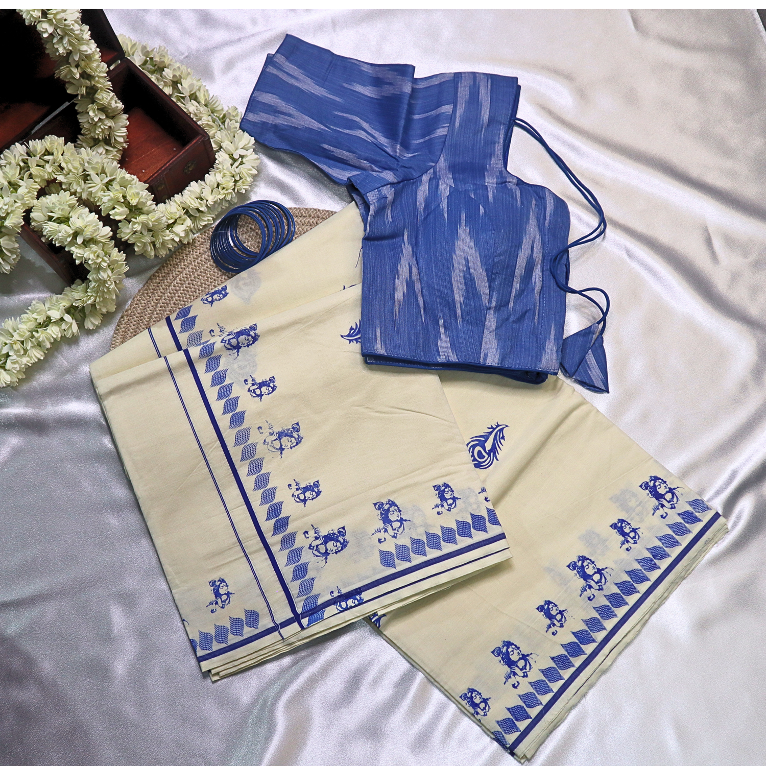 Set Saree - Krishna Digital Print with Blue Border