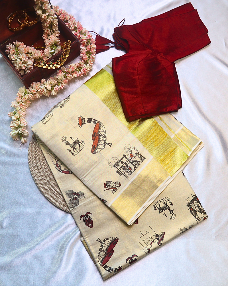 Set Saree - Village Life Digital Print with Gold Border