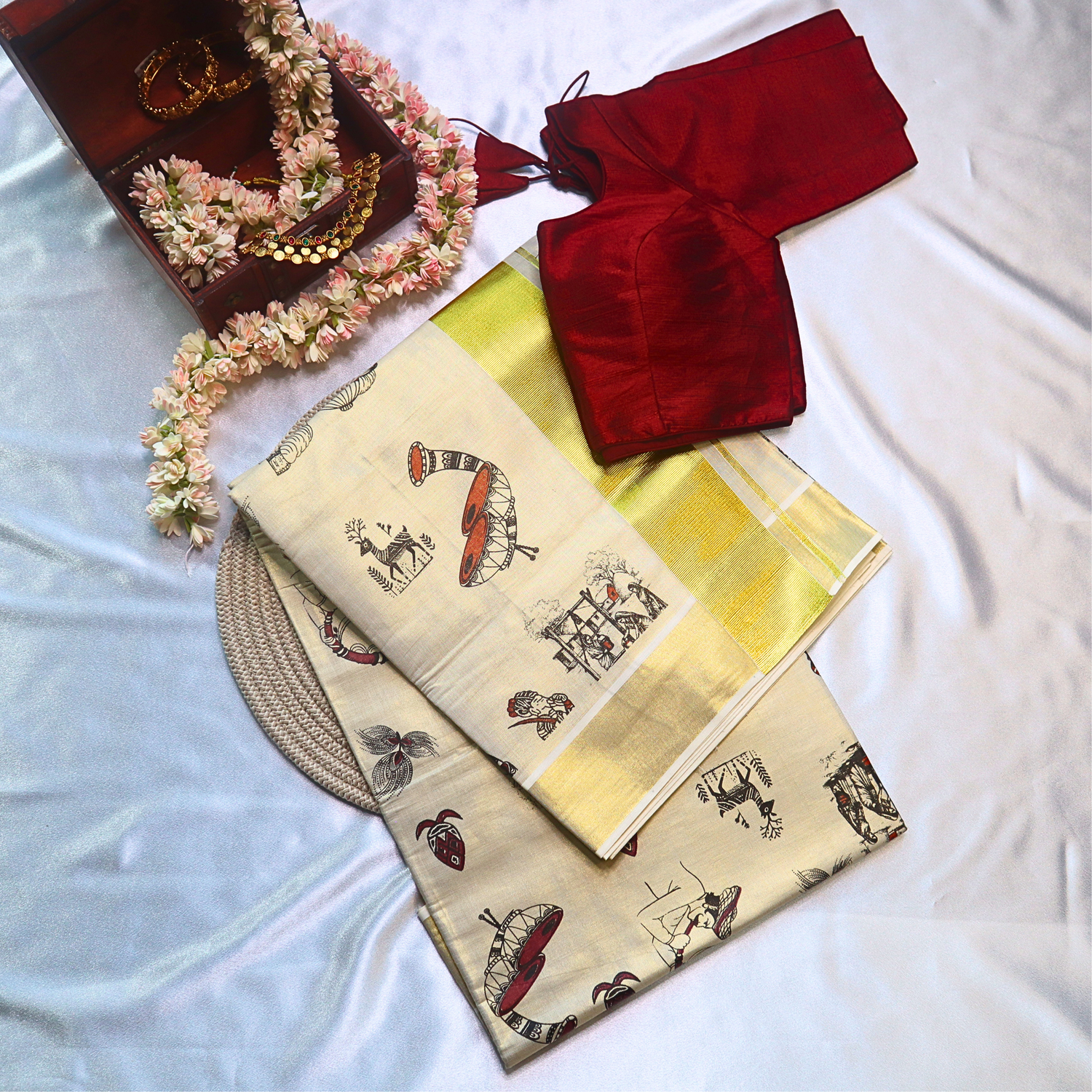 Set Saree - Village Life Digital Print with Gold Border