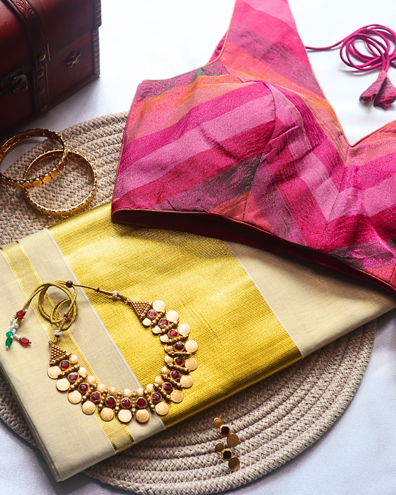 Set Saree - Tissue Saree with Thick Gold Border