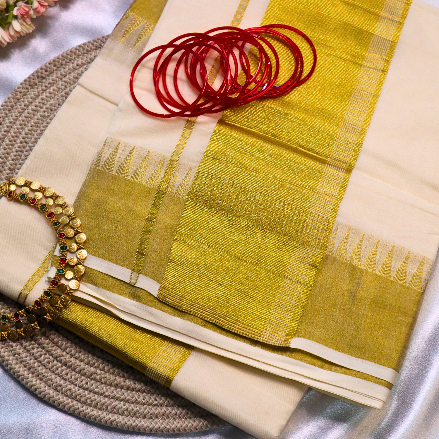 Set Saree - Gold Temple Border Design