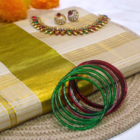 Set Saree - Gold Stripes with Thick Gold Border and Yellow Tussels