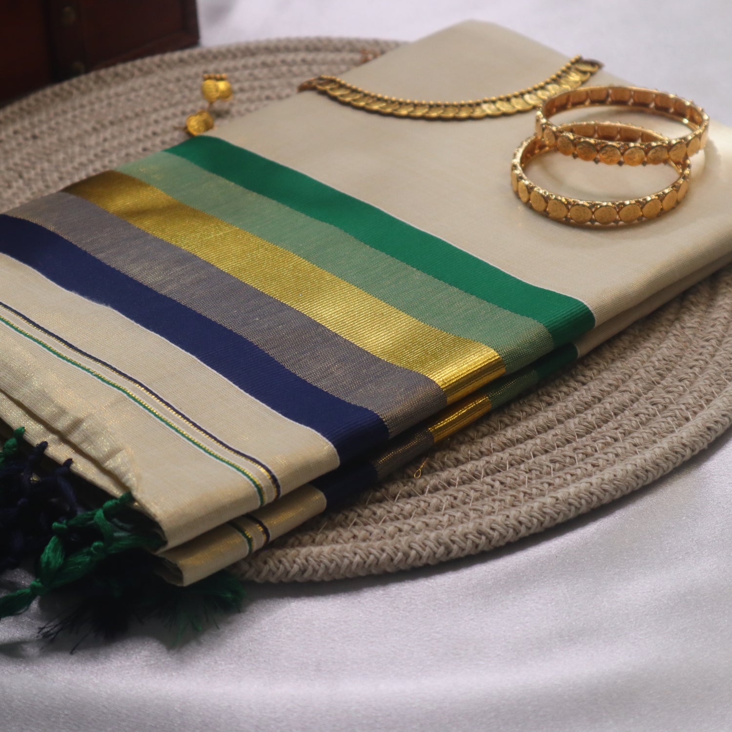 Set Saree - Green Blue and Gold Border with Green and Blues Tussels