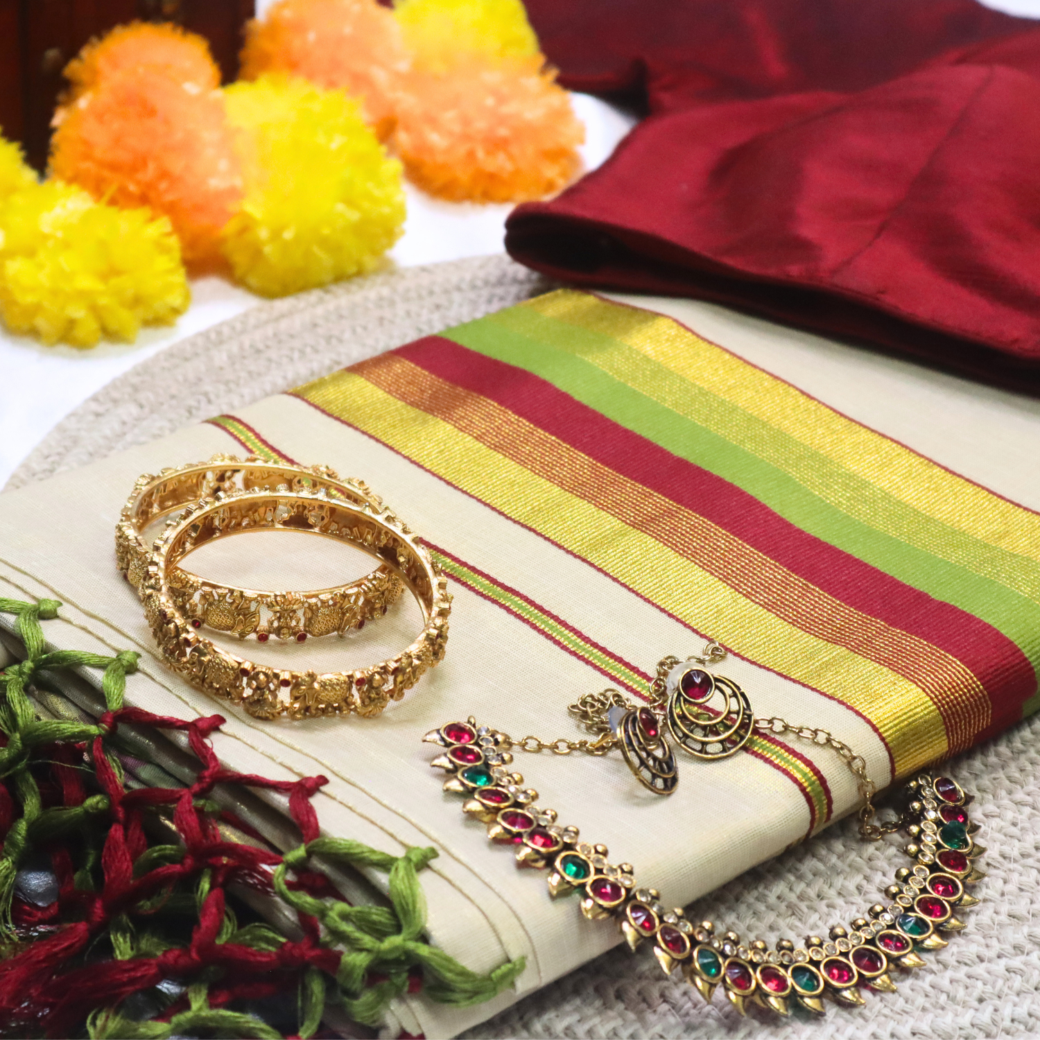 Set Saree - Mixed Colour with thin Gold and Loght Green border