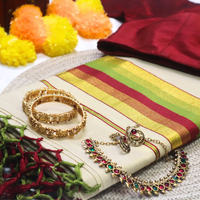 Set Saree - Mixed Colour with thin Gold and Loght Green border