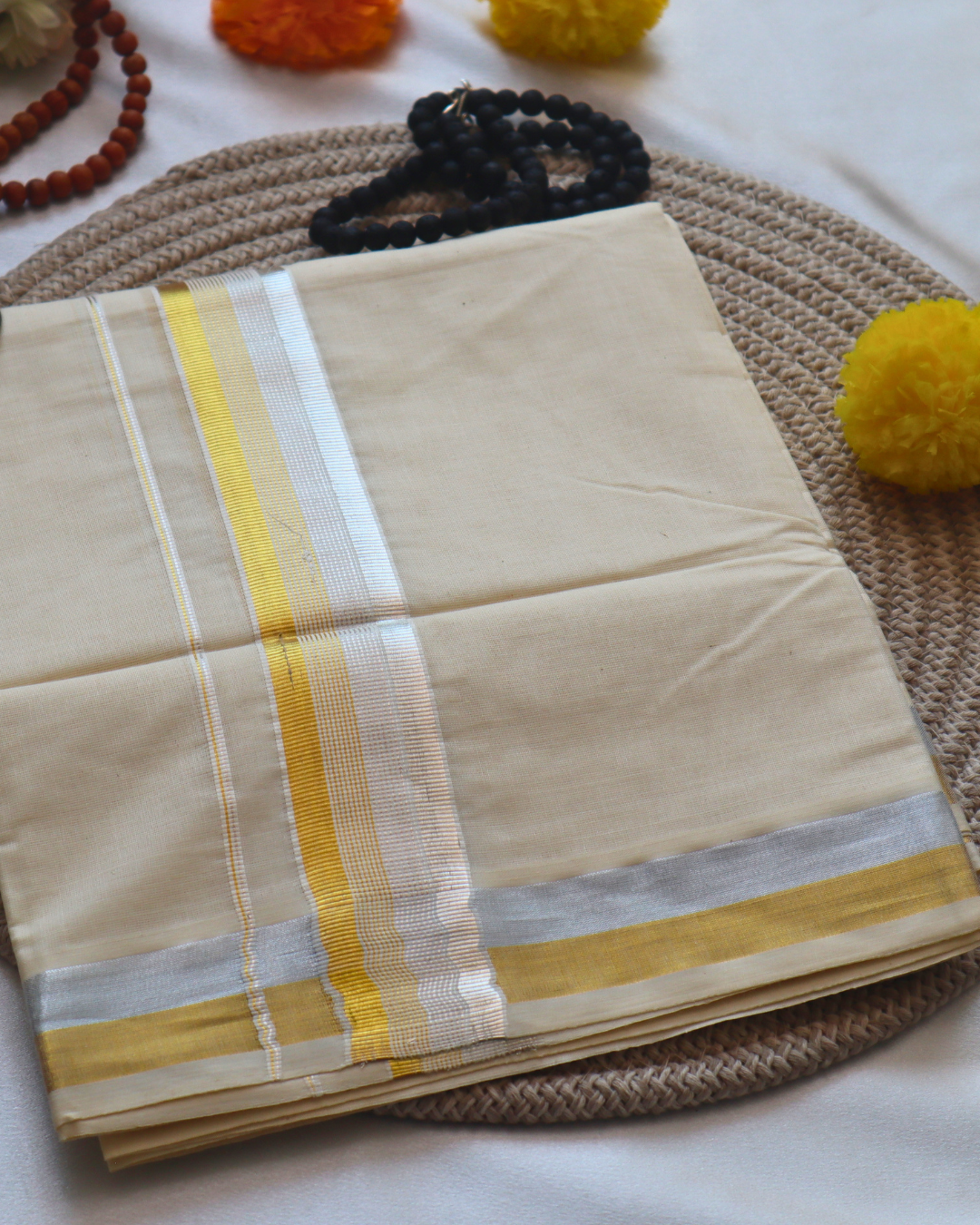 Men's Double Mundu - Golden and Silver Border