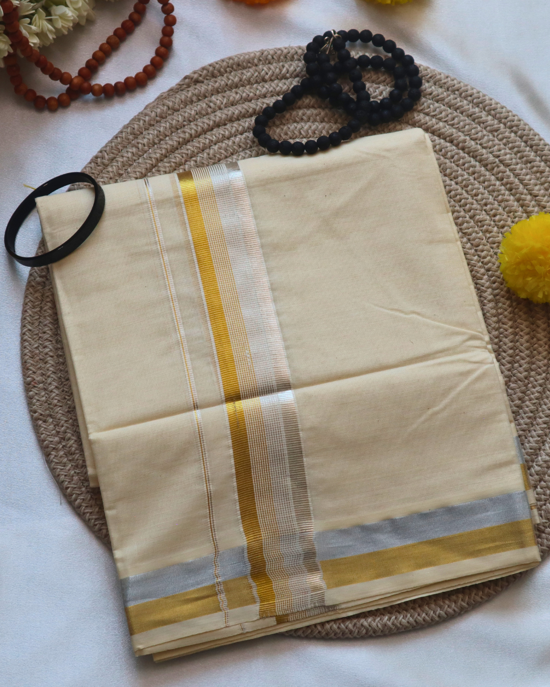 Men's Double Mundu - Golden and Silver Border