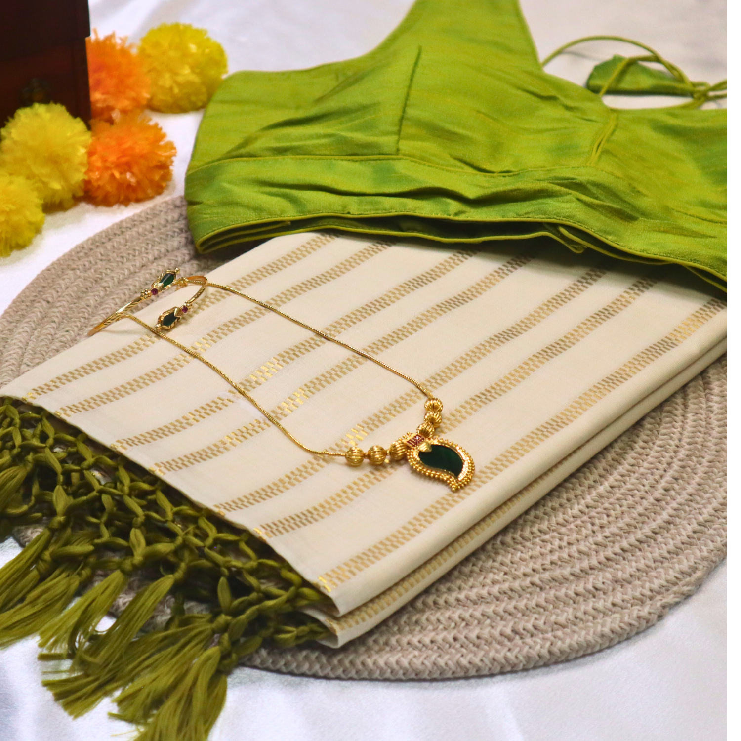Set Saree - Golden Square Stripes Border with Green Tussels
