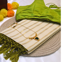 Set Saree - Golden Square Stripes Border with Green Tussels