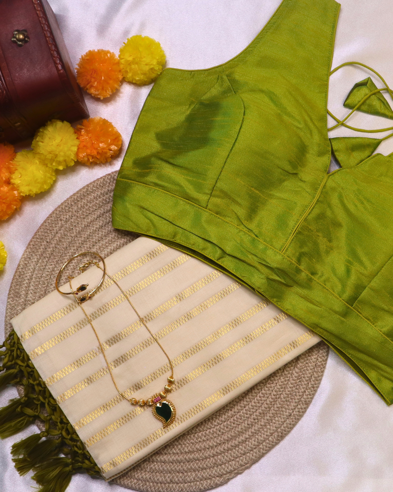 Set Saree - Golden Square Stripes Border with Green Tussels