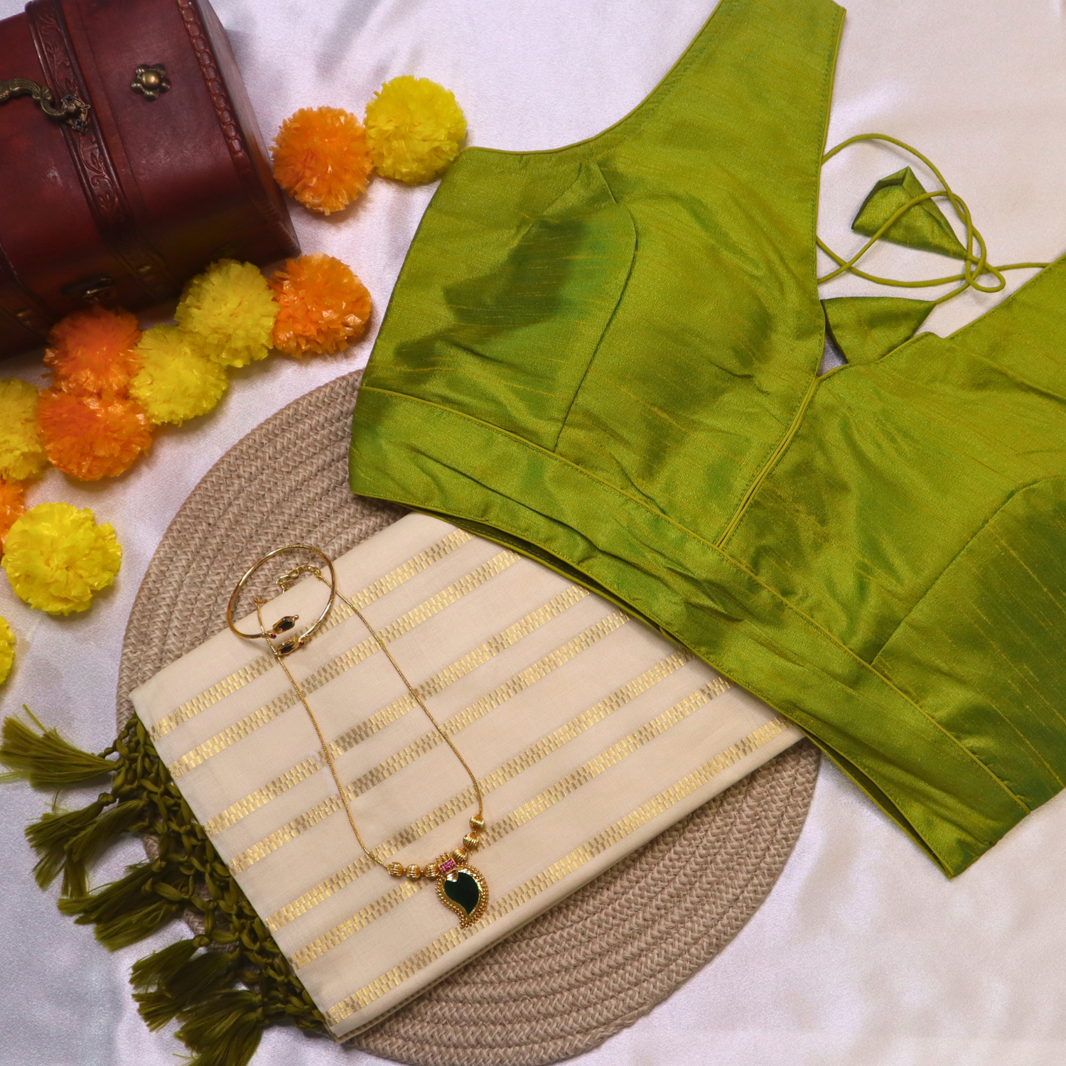 Set Saree - Golden Square Stripes Border with Green Tussels