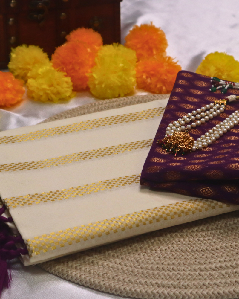 Set Saree - Golden Square Stripes Border with Vine Tussels with Blouse Piece