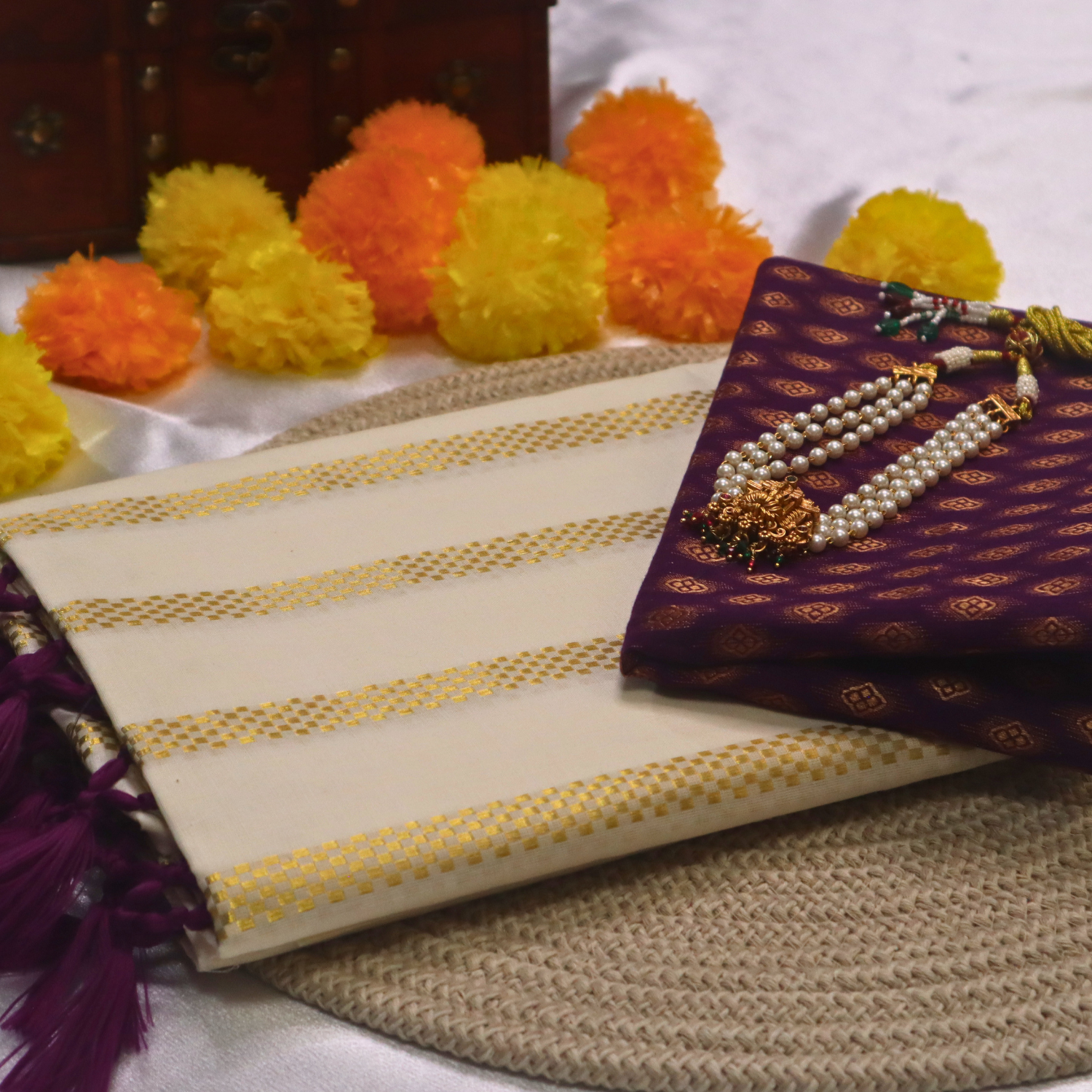 Set Saree - Golden Square Stripes Border with Vine Tussels with Blouse Piece