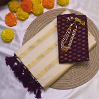 Set Saree - Golden Square Stripes Border with Vine Tussels with Blouse Piece