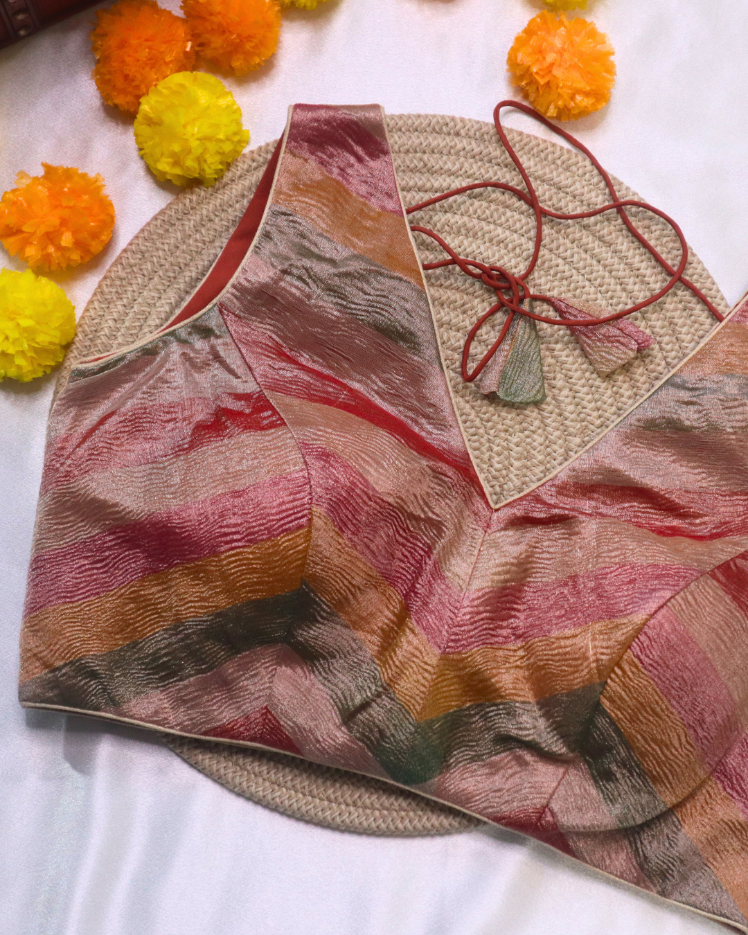 Rust Multi Tissue - V Neck Blouse Sleeveless (Sleeve Option Available) Size 38