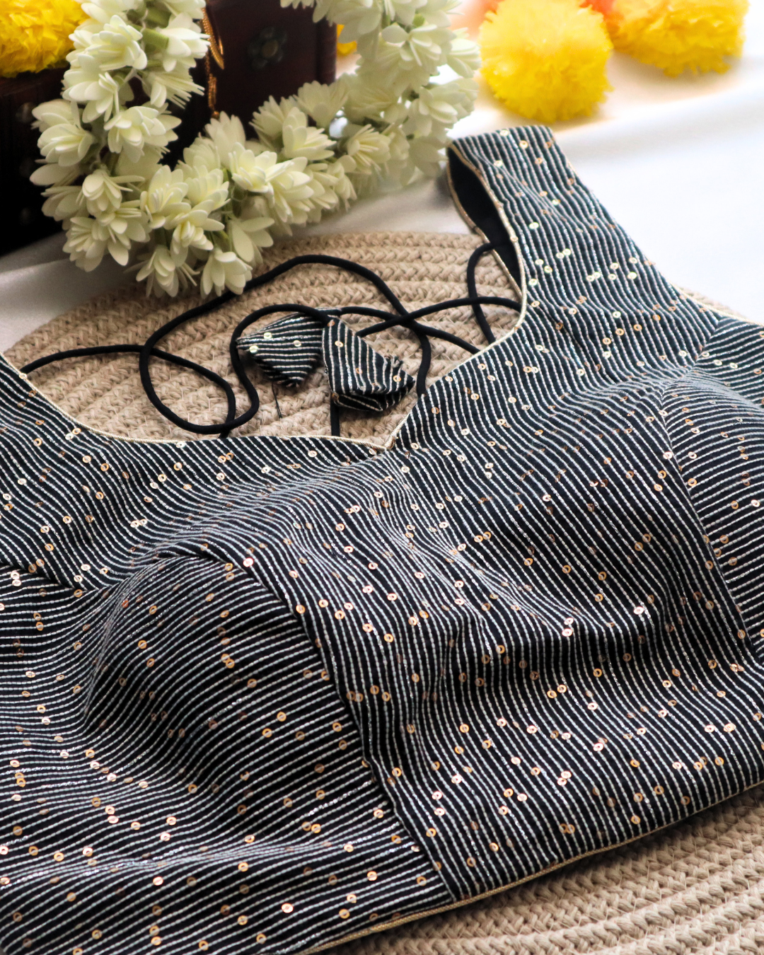 Black Embroidery Curved V Neck  Sleeveless Blouse Size 34