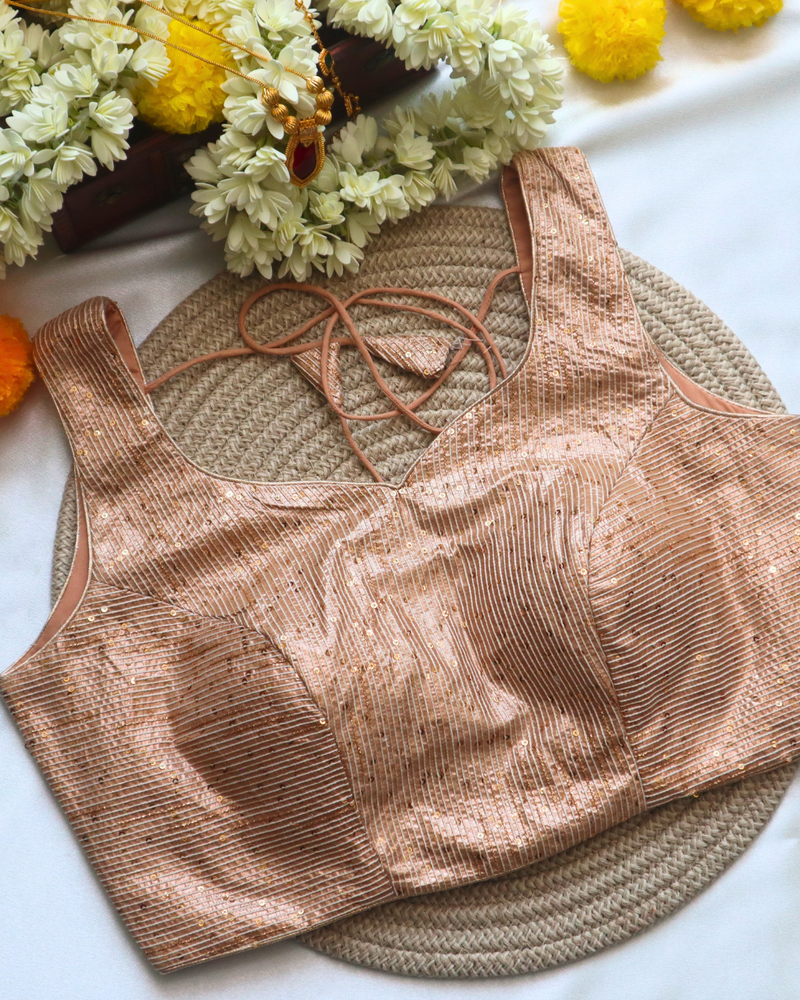 Rose - Gold Embroidery - Curved V Neck Blouse Sleeveless Size 34
