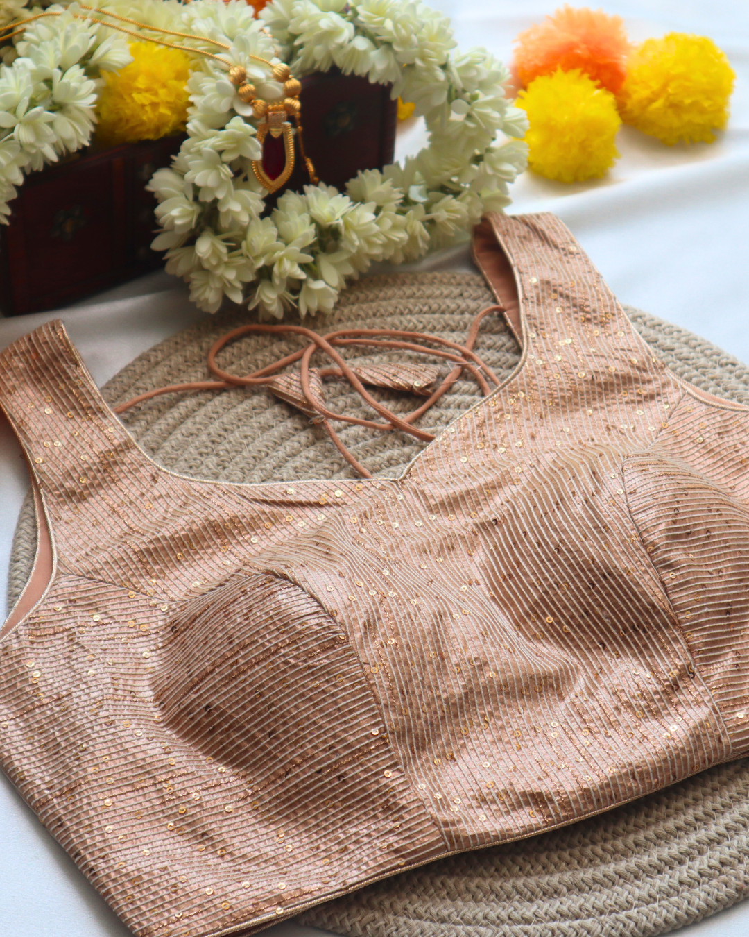 Rose - Gold Embroidery - Curved V Neck Blouse Sleeveless Size 34