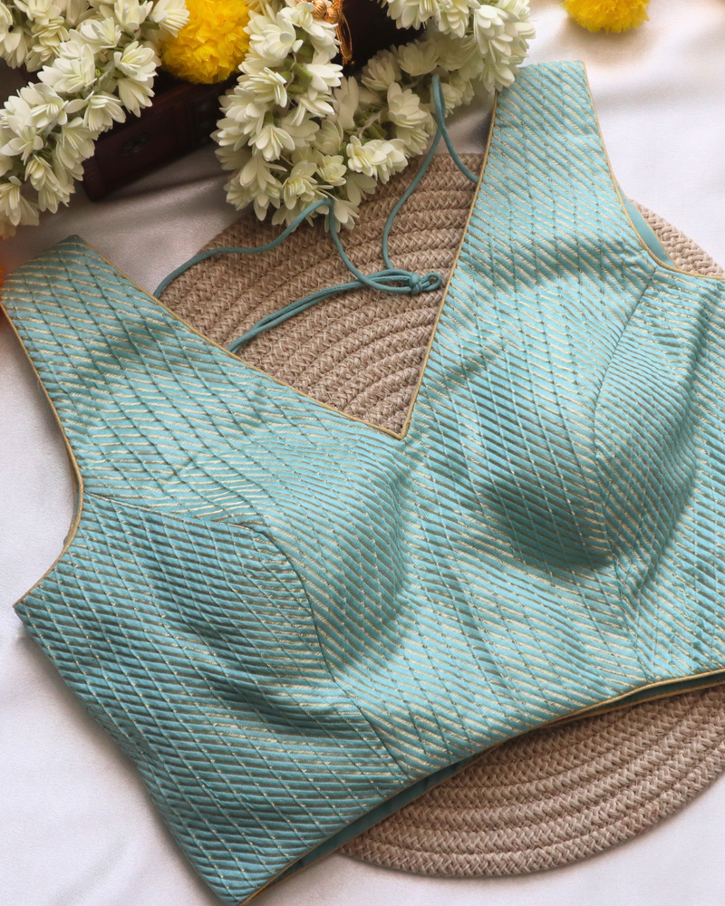 Aqua - Blue Brocade - V Neck Blouse Sleeveless (Sleeve Option Available) Size 34