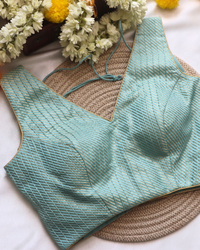 Aqua - Blue Brocade - V Neck Blouse Sleeveless (Sleeve Option Available) Size 34