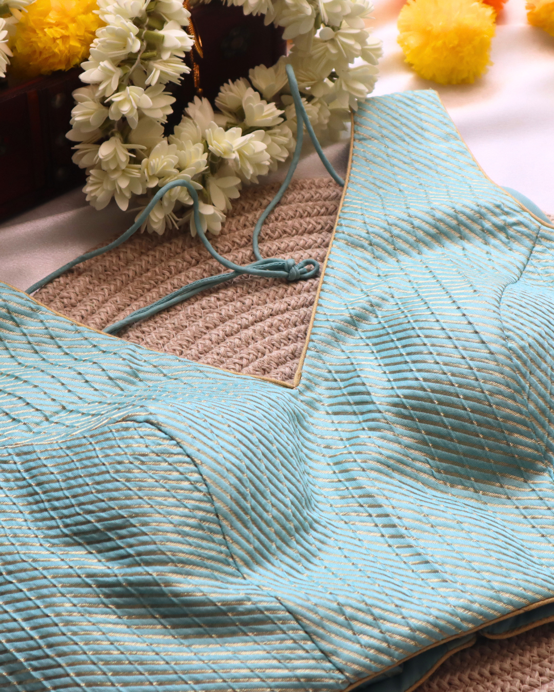 Aqua - Blue Brocade - V Neck Blouse Sleeveless (Sleeve Option Available) Size 34