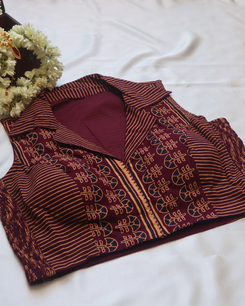 Ajrak Print - Collar Neck Stretchable Blouse - Sleeveless Size 38