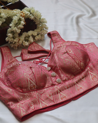 Pink Banarasi - Curved V Neck Blouse Sleeveless (Sleeve Option Available) Size 38
