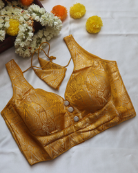 Yellow Banarasi - Curved V Neck Blouse Sleevless (Sleeve Optoion Available) - Size 38