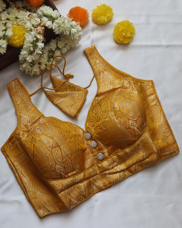 Yellow Banarasi - Curved V Neck Blouse Sleevless (Sleeve Optoion Available) - Size 38