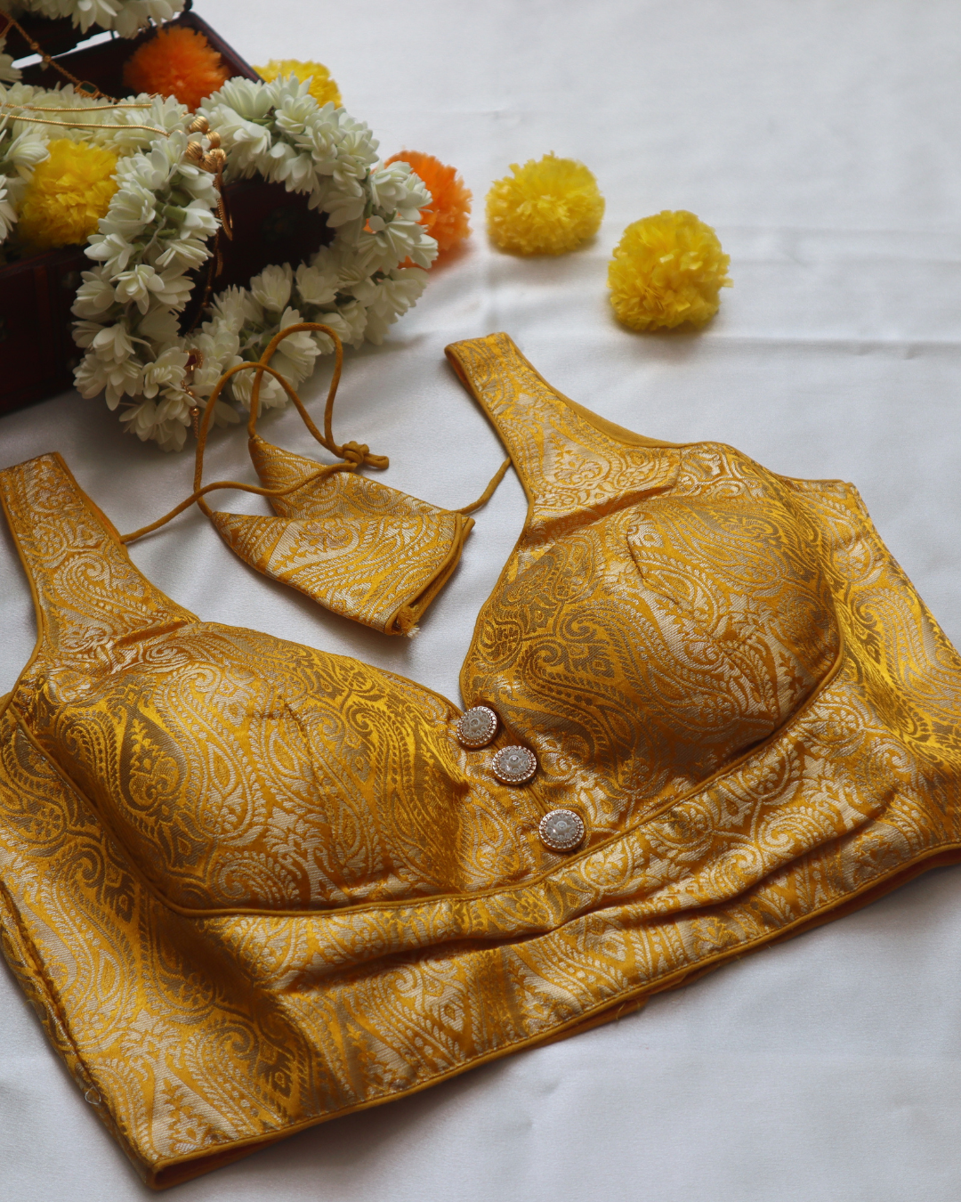 Yellow Banarasi - Curved V Neck Blouse Sleevless (Sleeve Optoion Available) - Size 38