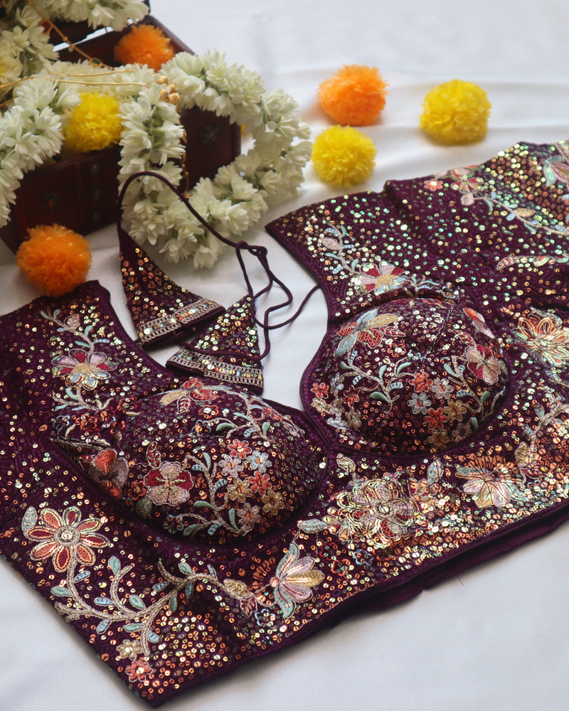 Maroon Georgette Embroidery - Curved V Neck Blouse Size 28
