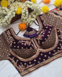 Vine Malai Silk Handword Embroidery Curved V Neck Blouse , Size 38