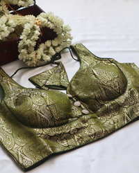 Green Banarasi -  Curved V Neck Blouse Sleeveless (Sleeve Option Available) Size 38